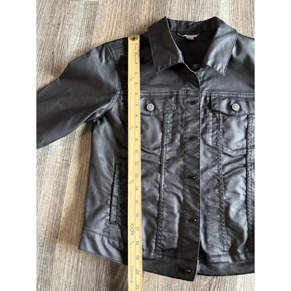 Garnet Hill Black Button Up Pockets Denim Look Moto Motorcycle Jacket Women’s 4 - Picture 7 of 8